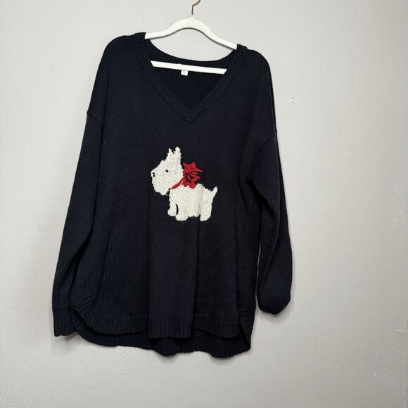 J Jill Sweater Navy Blue Scottie Dog V Neck Pullover Knit Size XL Holidays - Picture 3 of 7